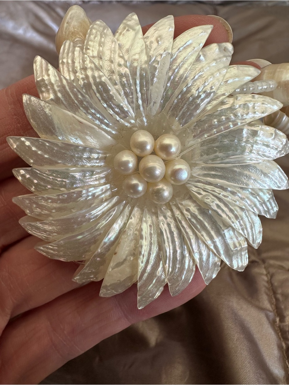 Pearlescent Mother-of-Pearl Flower Accent - White bracelet and matching necklace